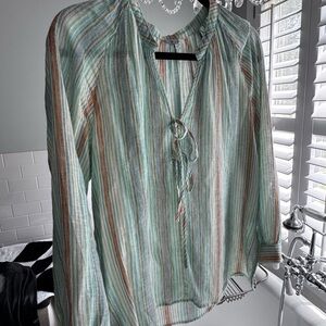 Rails Green and White Tie Front 3/4 Sleeve Blouse